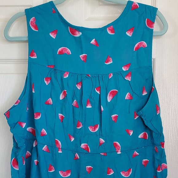 TEAL WATERMELON RAYON SLUB BUTTON-FRONT TIERED TANK - TORRID - Picture 3 of 4